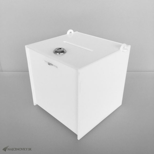 Akrylová urna 15x15x15 cm na zber darov, biela