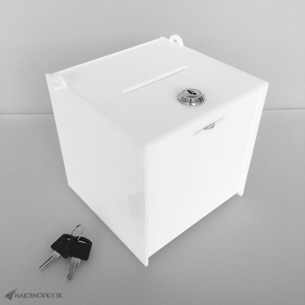 Hlasovací box 20x20x20 cm z plexiskla so zámkom, biely