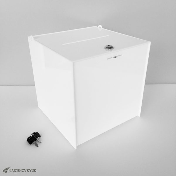 Uzamykateľný box 30x30x30 cm na peňažné dary, biely
