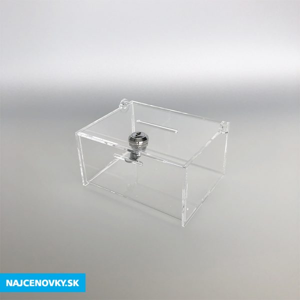 Plexisklová číra pokladnička 15x12x8 cm, uzamykateľná 2